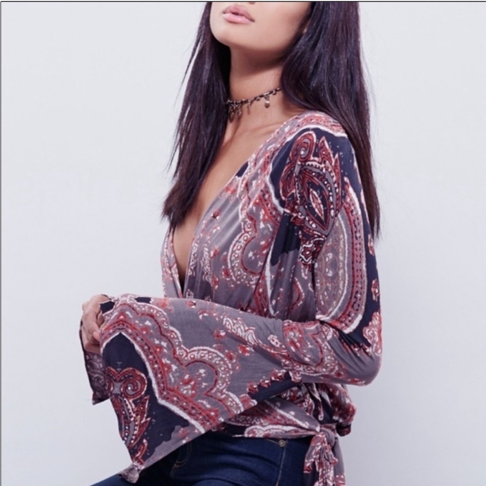 NWT Free people fiona love birds wrap tie bell sleeve top shirt blouse medium